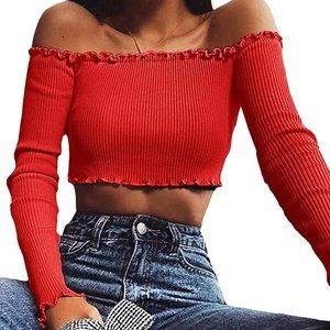 Red off the shoulder long-sleeve shirt